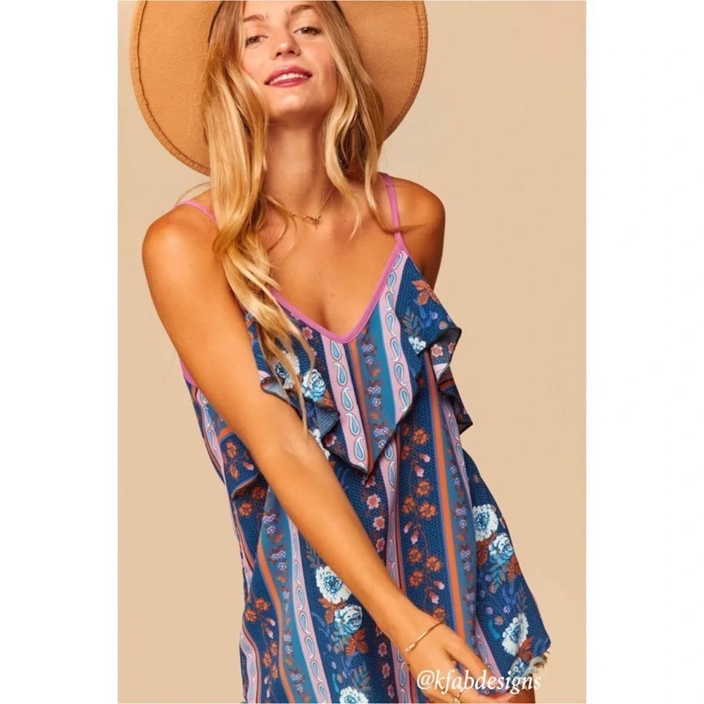 LAST 1! Plus Size Boho Tribal Print Blue/Lilac V Neck Ruffle Detail Top! - Picture 3 of 6